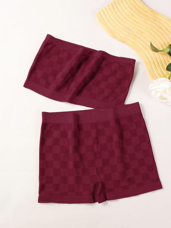 Two-Piece Set Women's Plaid Print Bandeau Bra & High Waist Boyshorts Set, Casual Comfy Breathable Two-piece Lingerie Set for Daily Wear, Underwear Set for Women