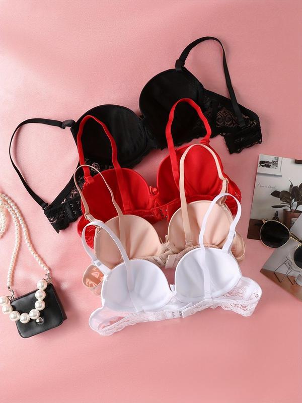 Women's Solid Contrast Lace Push Up Bra, Comfortable Breathable Adjustable Strap Bow Decor Bra, Lingerie for All Seasons