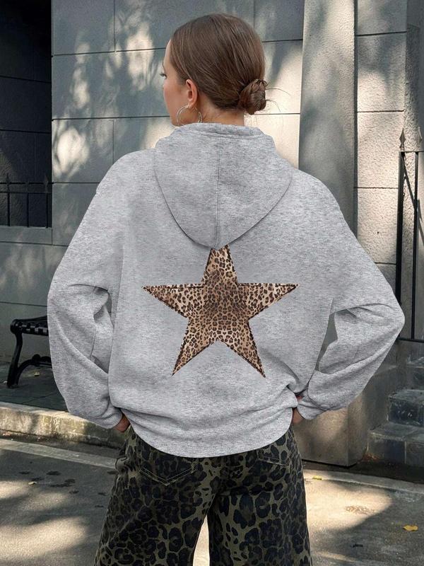 Women's Star Print Drop Shoulder Hoodie, Fashion Casual Drawstring Pocket Hooded Sweatshirt for Daily Holiday Outdoor Wear, Women Clothing for Fall & Winter