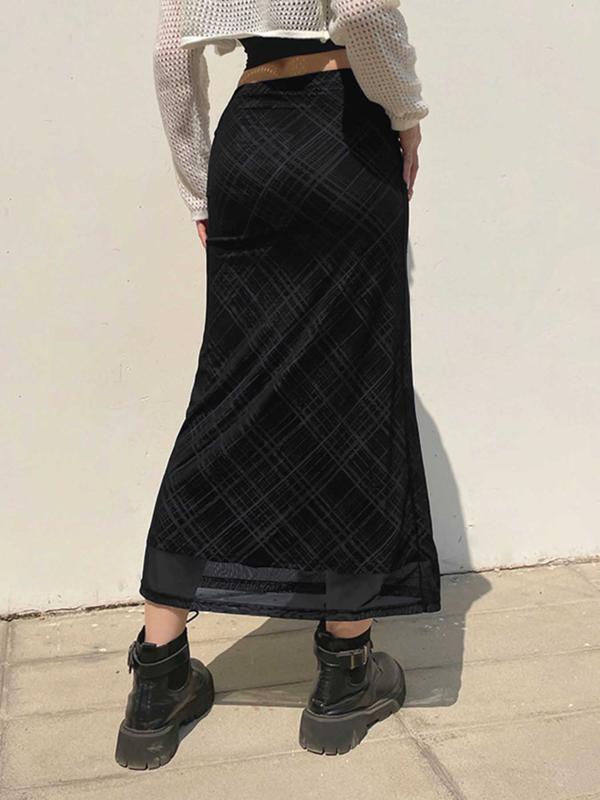 Women's Plaid Print Tulle Bodycon Skirt, Casual Fashionable Long Skirt for Daily Wear, Ladies Spring & Fall Bottoms