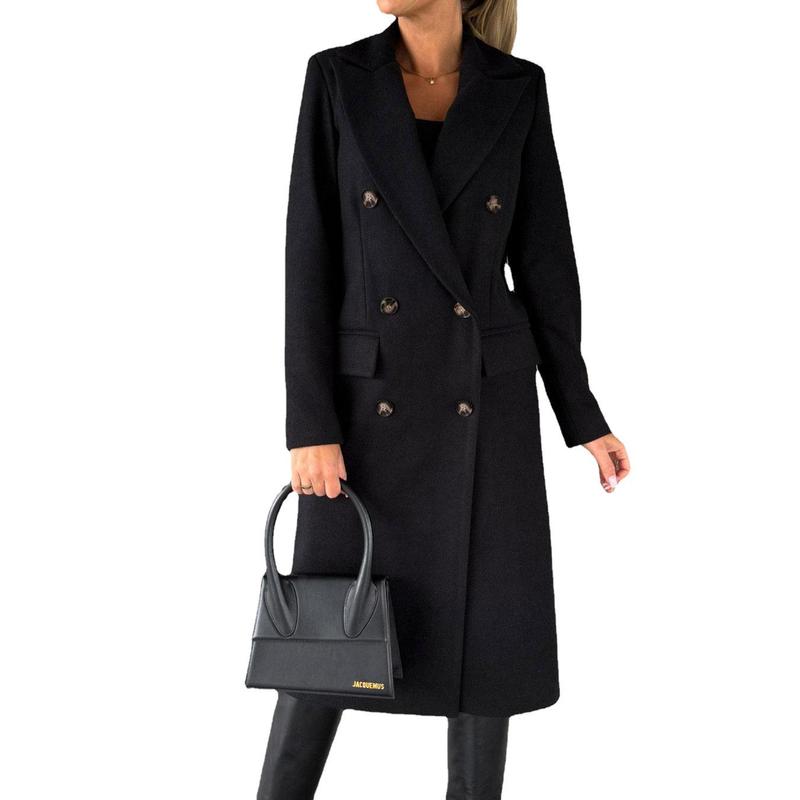 2024 Autumn and Winter New Women's Long Sleeve Polo Collar Solid Color Double Breasted Slim Fit Coat Overcoat 2024