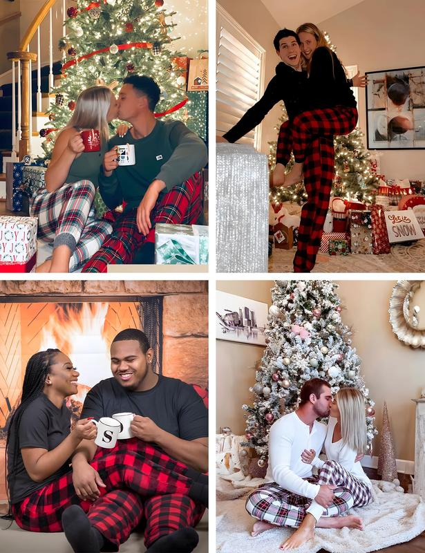 SWOMOG Adult Christmas Pajamas Buffalo Plaid Pajama Pants with Pockets Long Sleeve Tops for Couples & Family Womenswear Pajama Set Cotton Fabric