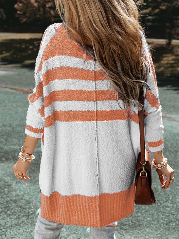 Women's Colorblock Striped Print Button Front High Low Hem Cardigan, Casual Drop Shoulder Long Sleeve V Neck Cardigan for Fall & Winter, Cardigan for Women, Winter Clothes Women 2024, Women's Knit Clothing for Daily Wear