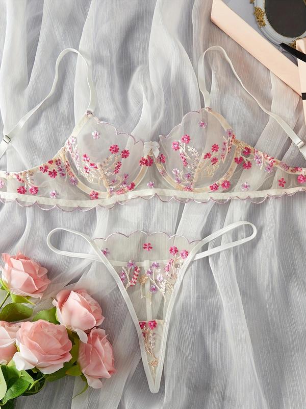 Women's 2pcs Floral Embroidery Sheer Tulle Sexy Lingerie Set, Adjustable Strap Bow Front Underwire Bra & Scallop Trim Thong, Fashion Comfy Women's Sexy Lingerie Set for All Seasons