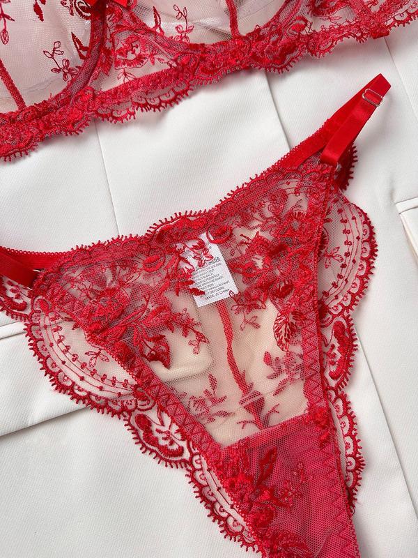 Women's Floral Embroidery Scallop Trim Sheer Bra & Panty Sexy Lingerie Set, Sexy Adjustable Strap Push Up Bra & Knicker, Lingerie Set for Women
