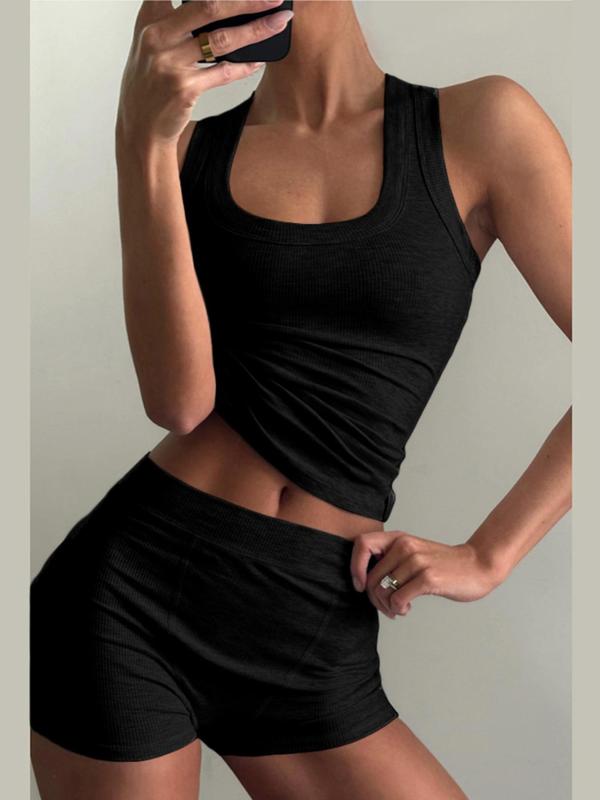 Two-piece Set Women's Solid Ribbed Crop Tank Top & High Waist Shorts, Casual Fashion Cozy Square Neck Sleeveless Top & Skinny Shorts for Daily Outdoor Wear, Ladies Clothes for All Seasons