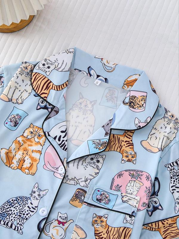 Two-piece Set Women's Cartoon Animal Print Lapel Neck Button Front Shirt & Elastic Waist Shorts Pajama, Casual Comfy Short Sleeve Pocket Top & Shorts Pj Set, Ladies Sleepwear for All Seasons