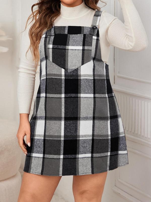  Plaid Print Button Pinafore Dress without Top, Casual Pocket Sleeveless Dress for Spring & Fall, Women's Clothes for Daily Wear, Preppy 80s Clothes