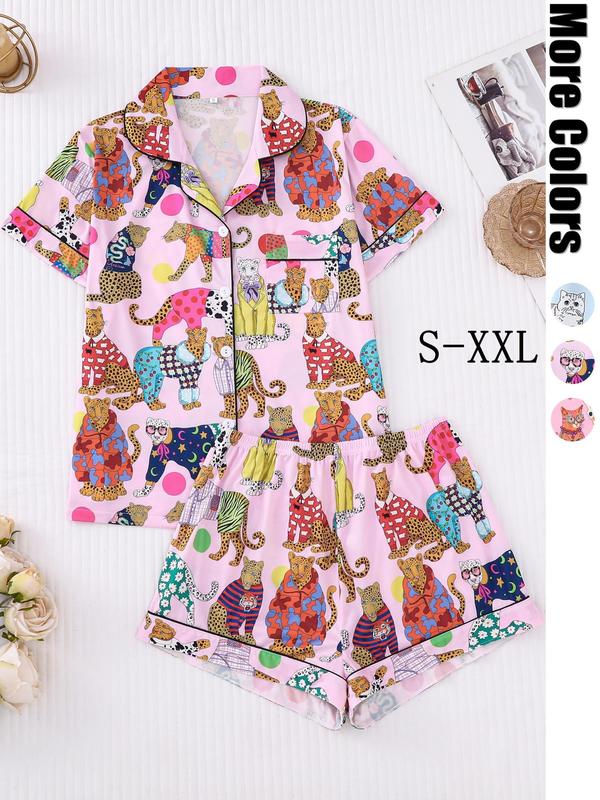 Two-piece Set Women's Cartoon Animal Print Lapel Neck Button Front Shirt & Elastic Waist Shorts Pajama, Casual Comfy Short Sleeve Pocket Top & Shorts Pj Set, Ladies Sleepwear for All Seasons