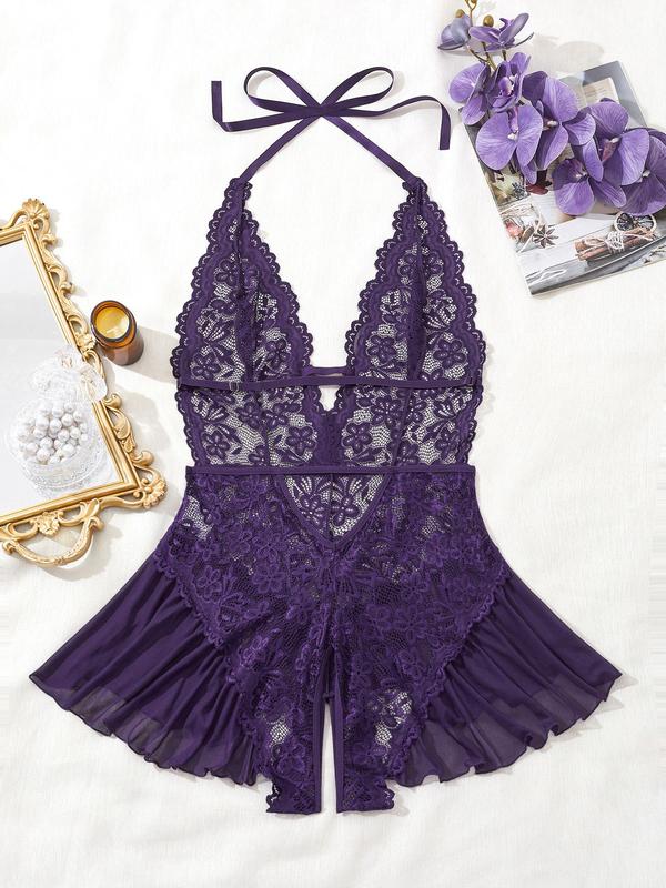  Floral Lace Backless Halter Cami Onesies, Sexy Sheer Tie Back Sleeveless Nightgown, Women's Sleepwear & Loungewear for All Seasons