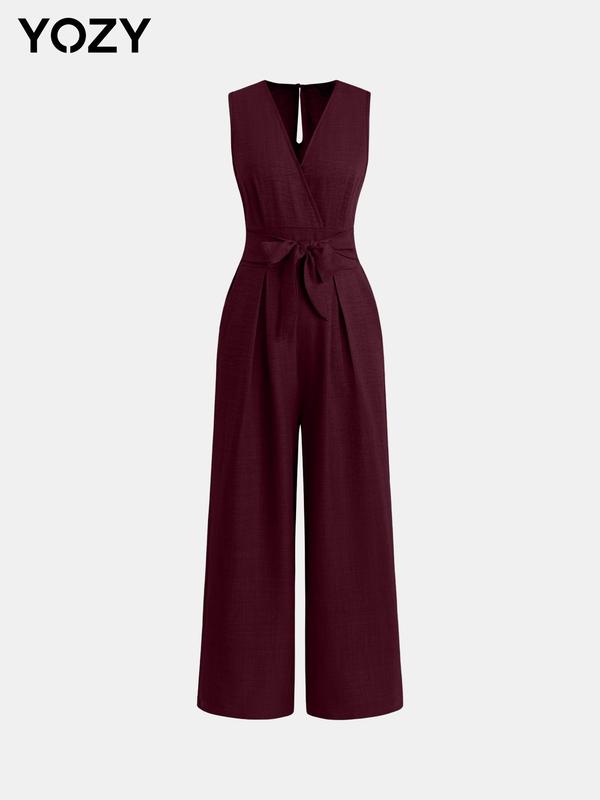 YOZY [3 colors, size 4-14] Bow Decor Wrap Jumpsuit, Elegant Plain V Neck Shirred Waist Plicated Wide Leg Jumpsuit, 2024 Women's Work Office Business Wear for Spring & Fall, [S-XXL]