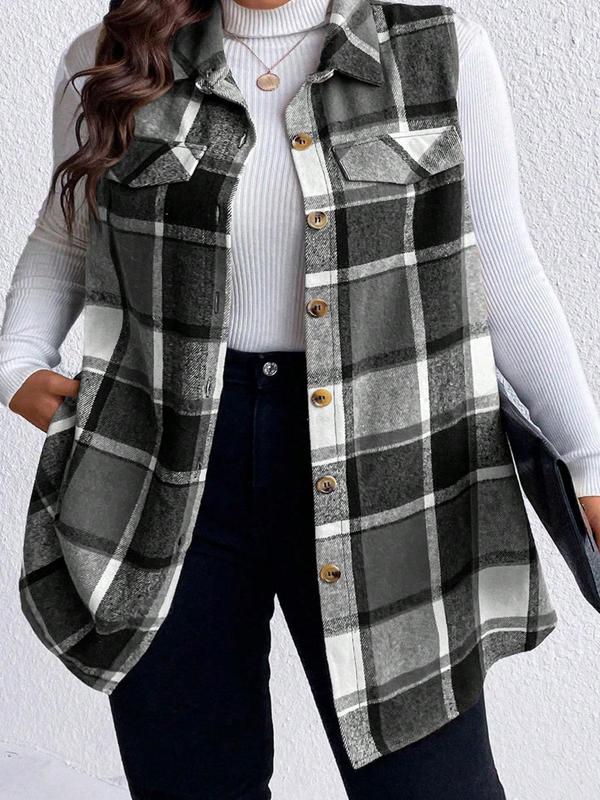  Plaid Print Button Front Flap Detail Collar Vest Coat, Casual Sleeveless Outerwear for Spring & Fall, Winter Clothes Women, Women's Plus Clothes for Daily Wear, Fall Outfits 2024
