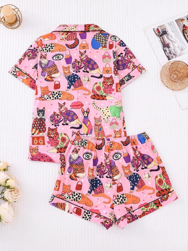 Two-piece Set Women's Cartoon Animal Print Lapel Neck Button Front Shirt & Elastic Waist Shorts Pajama, Casual Comfy Short Sleeve Pocket Top & Shorts Pj Set, Ladies Sleepwear for All Seasons