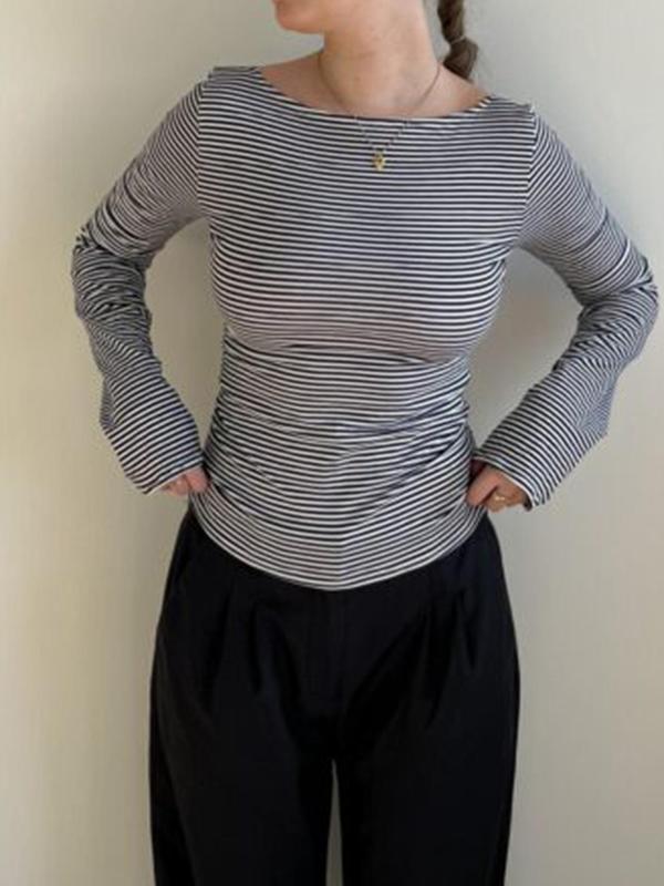 Women's Striped Print Backless Boat Neck Tee, Casual Slim-fitting Long Sleeve T-shirt for Daily Wear, Ladies Clothes for All Seasons Cropped Tees