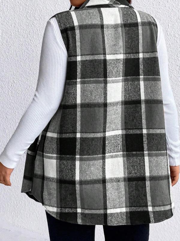  Plaid Print Button Front Flap Detail Collar Vest Coat, Casual Sleeveless Outerwear for Spring & Fall, Winter Clothes Women, Women's Plus Clothes for Daily Wear, Fall Outfits 2024