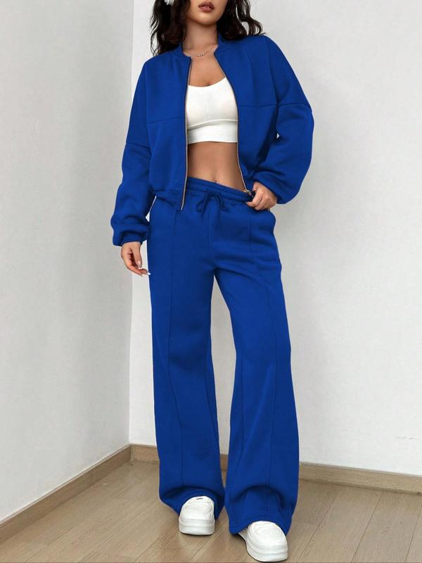 Women's Solid Drop Shoulder Zipper Jacket & Wide Leg Pants Two-piece Set, Matching Sets, Casual Fashion Cozy Mock Neck Outerwear & Pocket Trousers for Daily Outdoor Wear, Ladies Clothes for All Seasons