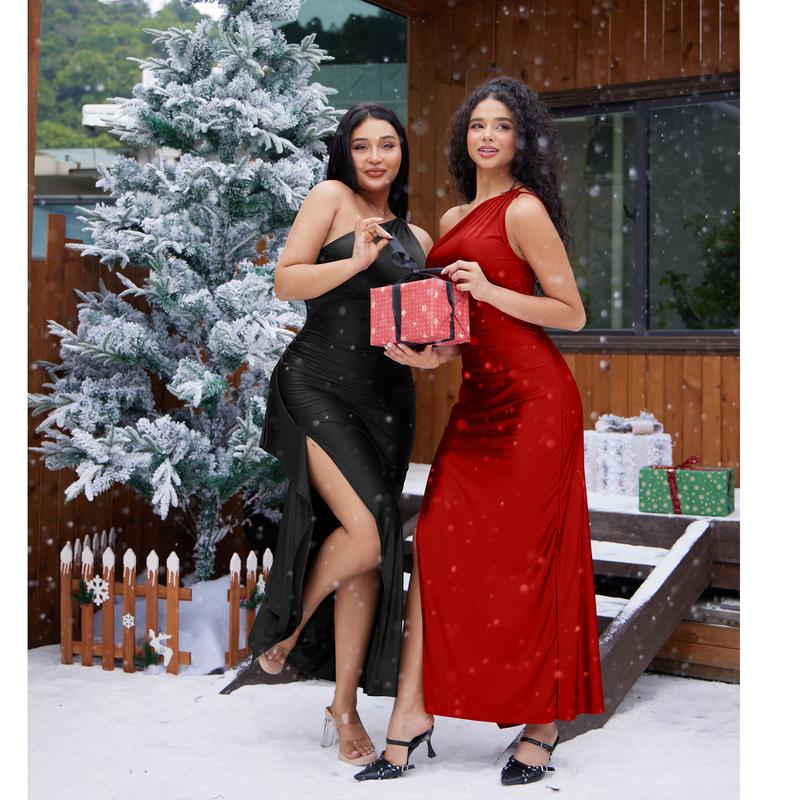 OYS Women's Sexy One Shoulder Satin High Split Cocktail Fit Wedding Party Maxi Formal Dress