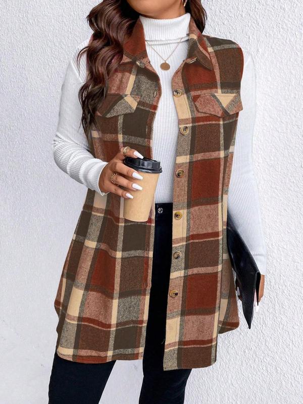  Plaid Print Button Front Flap Detail Collar Vest Coat, Casual Sleeveless Outerwear for Spring & Fall, Winter Clothes Women, Women's Plus Clothes for Daily Wear, Fall Outfits 2024