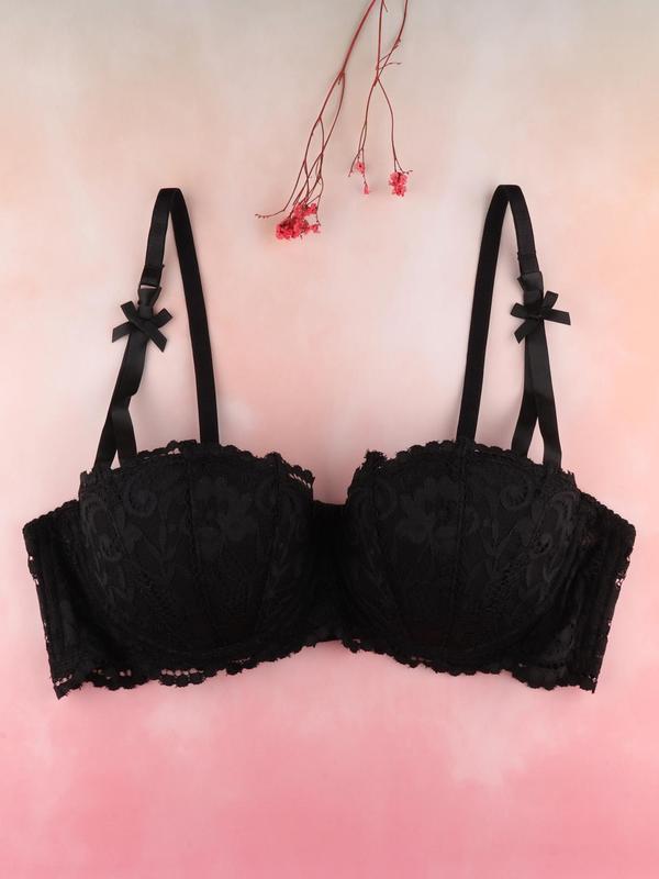 Women's Floral Lace Bow Decor Push Up Bra, Adjustable Strap Cut Out Underwire Bra, Soft Comfortable Breathable Lingerie for All Seasons