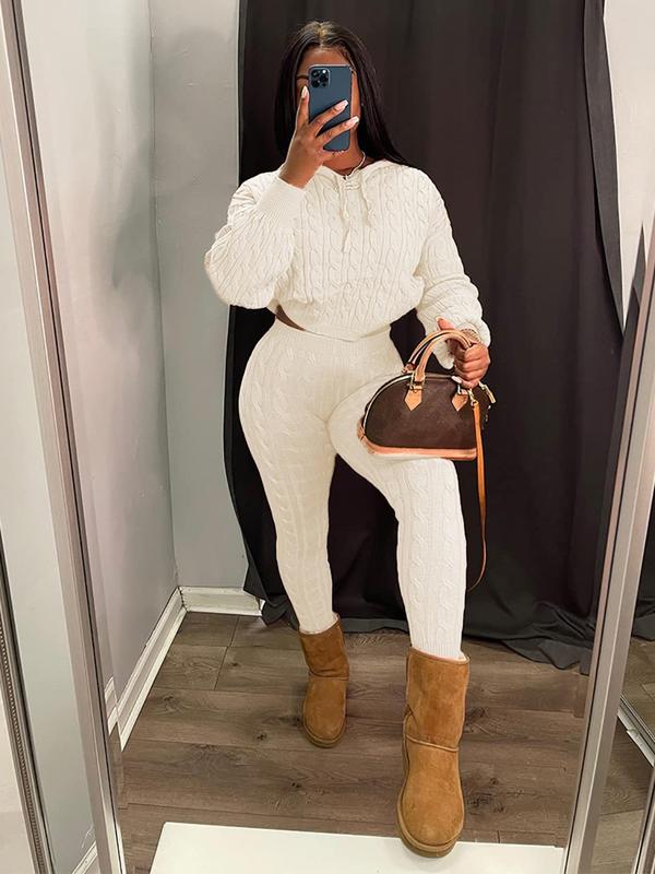 Women's Thin Semi-sheer Cable Knit Textured Set, Casual Longsleeves Hooded Sweater & High Waist Skinny Pants Set, Lady 2024 Summer Clothes, Gym Outfits Downtown Girl Clothes, Downtown Girl Clothes