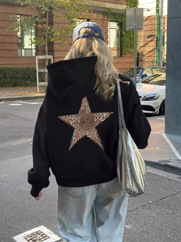 Women's Star Print Drop Shoulder Hoodie, Fashion Casual Drawstring Pocket Hooded Sweatshirt for Daily Holiday Outdoor Wear, Women Clothing for Fall & Winter