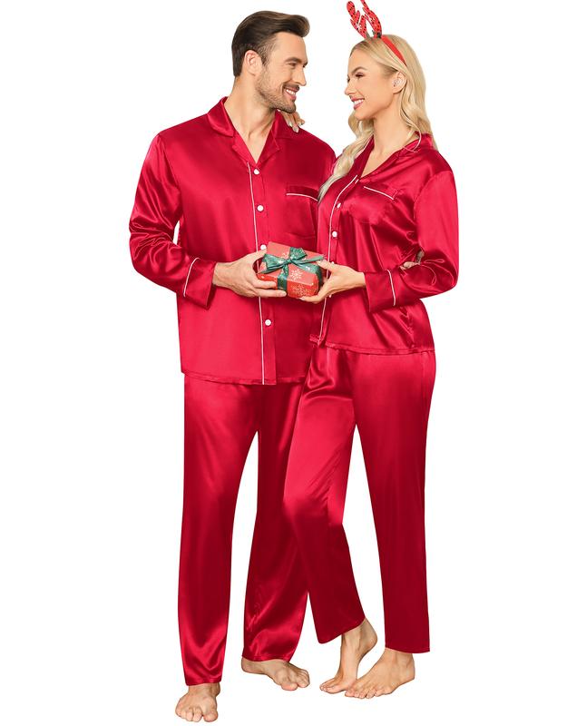 SWOMOG Matching Family Pajama Set Womens Mens Long Sleeve Sleepwear Satin Silk Loungewear for Couple Button Down Pjs Set Womenswear Clothing