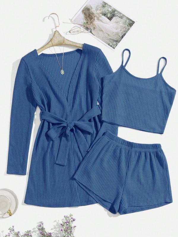Women's Solid Textured Belted Lounge Robe & Crop Cami Top & Elastic Waist Shorts Loungewear Set, Fall Wear 2024, Lounge Sets, Ladies Spring Sleepwear Set, Summer Lounge Set, Fall Wear Black Girl