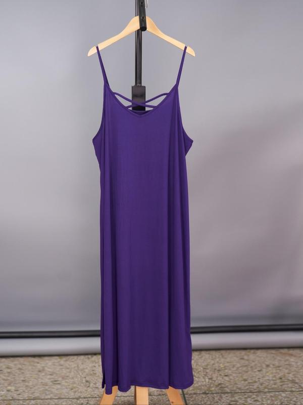 Women's Plus Size Criss Cross Split Side  Cami Nightdress, Solid Sleeveless Spaghetti Strap Nightgown, Women's Sleepwear for Summer