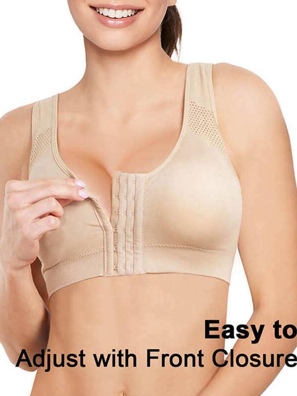 Women's Solid Hollow Out Wireless Padded Bra, Breathable Comfortable Hook & Eye Front Bra, Women's Lingerie for All Seasons