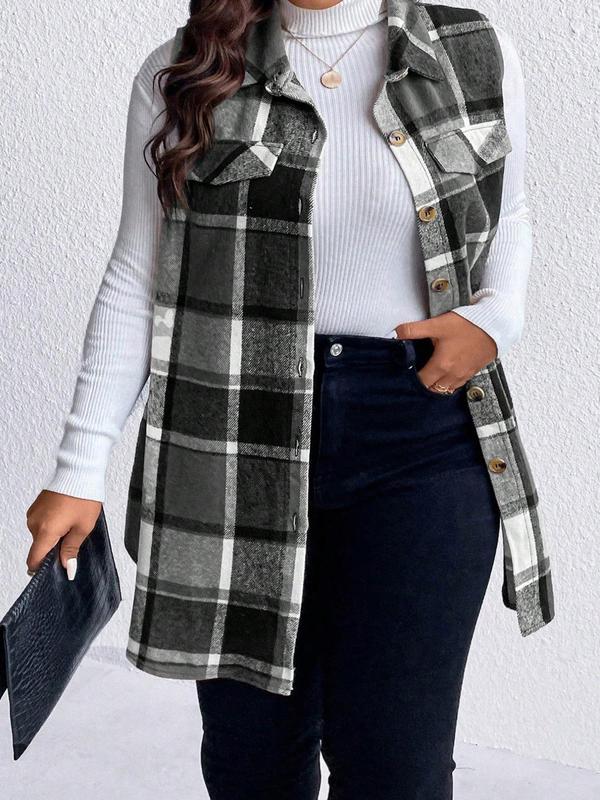  Plaid Print Button Front Flap Detail Collar Vest Coat, Casual Sleeveless Outerwear for Spring & Fall, Winter Clothes Women, Women's Plus Clothes for Daily Wear, Fall Outfits 2024