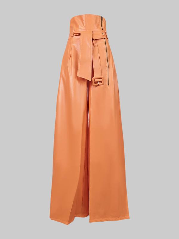 Women's Solid Belted Wide Leg Pants, Casual Pocket Zipper Fly Trousers for Daily Wear, Ladies Bottoms for All Seasons