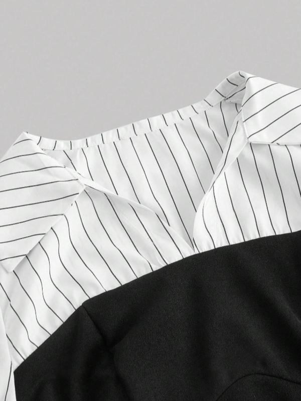 Women's Patchwork Striped Print Bishop Sleeve Split Hem Blouse, Elegant Long Sleeve Collared V Neck Top for Fall & Winter, Women's Clothing for Daily Wear