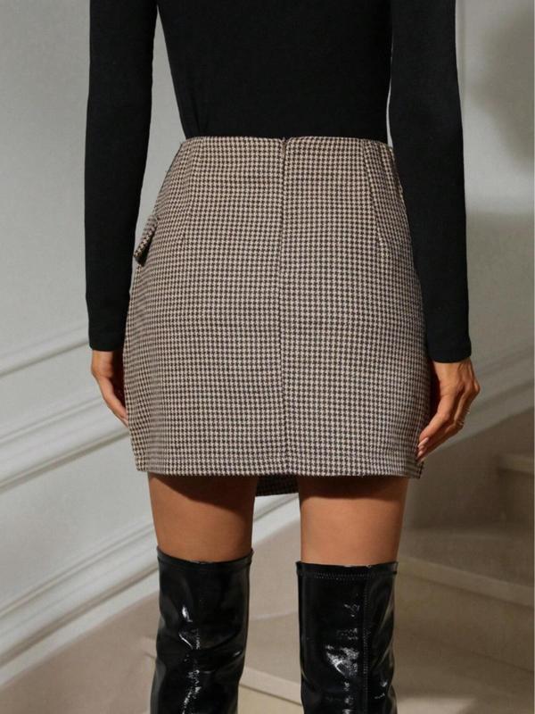 Women's Houndstooth Print Asymmetrical Hem Flap Detail Wrap Skirt, Elegant Fashion Casual Short Skirt for Daily Outdoor Wear, Women's Bottoms for All Seasons