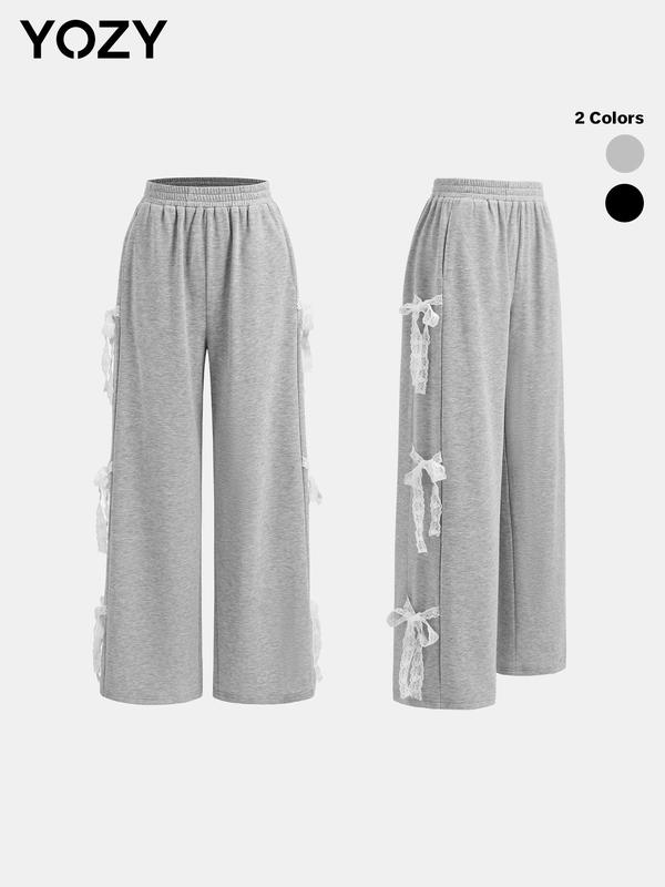 YOZY Christmas Deals, Women's Plain Bow Decor Elastic Waist Wide Leg Sweatpants, Casual Comfy Pocket Trousers for Daily Wear, Ladies Bottoms for All Seasons, Christmas 2024 Trend, Fall & Winter Clothes