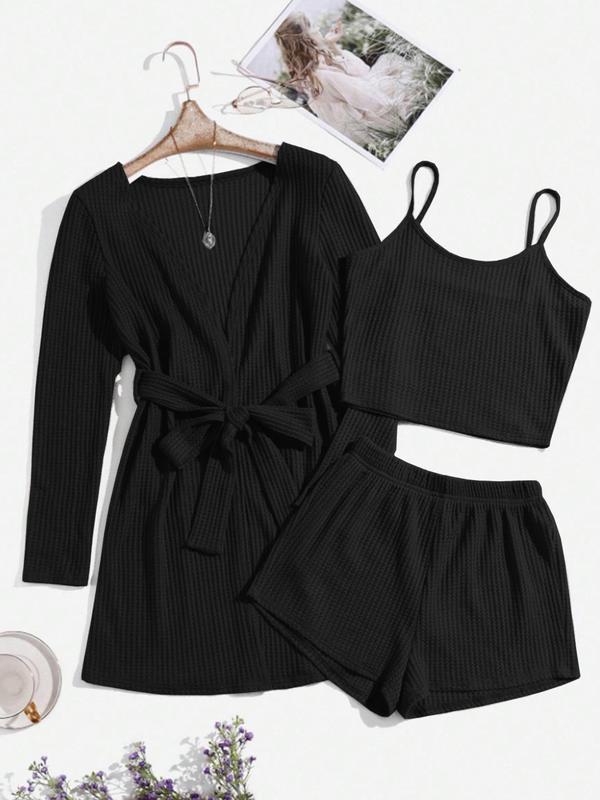 Women's Solid Textured Belted Lounge Robe & Crop Cami Top & Elastic Waist Shorts Loungewear Set, Fall Wear 2024, Lounge Sets, Ladies Spring Sleepwear Set, Summer Lounge Set, Fall Wear Black Girl