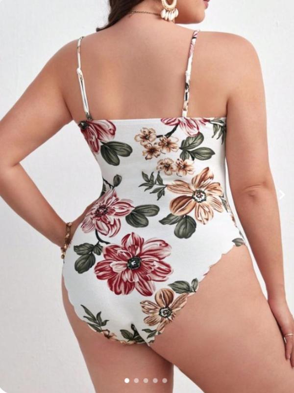 Plus Size Floral Print Scallop Trim Bodysuit, Adjustable Strap Deep V Neck Open Crotch Design Bodysuit for Summer, Women's Clothes for Daily Wear