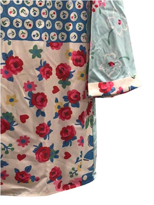 Women's Patchwork Floral Print Button Front Shirt, Boho V Neck Rolled 3 4 Sleeve Top for Beach Vacation Holiday, Fall Clothing Women, Going Out Tops, Ladies Clothes for All Seasons, Womenswear Blouse