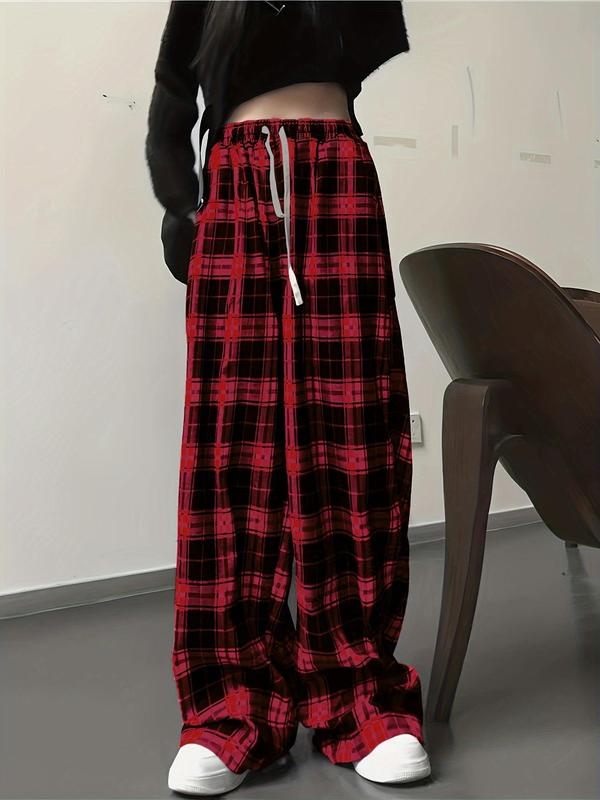 Women's Plaid Print Drawstring Waist Straight Leg Pants, Casual Comfy High Waist Trousers for Daily Wear, Womenswear Bottoms for Fall, Fall Outfits