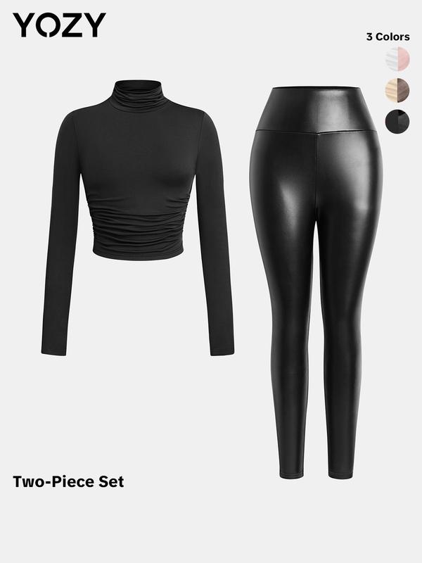 YOZY Christmas Deals, [size 8-18] Plain High Neck Ruched Tee & PU Leather Skinny Pants  Long Sleeve Top & High Waist Leggings, 2024 Women's All Seasons Outfits for Outdoor Wear, Christmas 2024 Trend, Fall & Winter Outfits