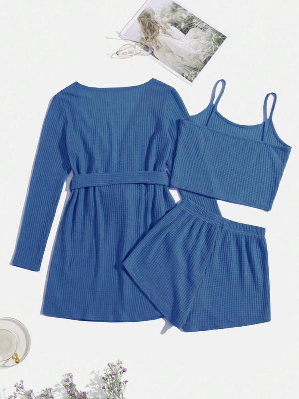 Women's Solid Textured Belted Lounge Robe & Crop Cami Top & Elastic Waist Shorts Loungewear Set, Fall Wear 2024, Lounge Sets, Ladies Spring Sleepwear Set, Summer Lounge Set, Fall Wear Black Girl