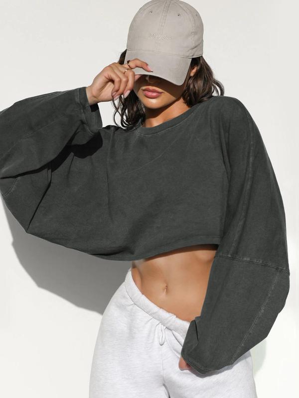 Women's Plain Crop Pullover Sweatshirt, Street Fashion Casual Drop Shoulder Long Sleeve Crew Neck Sweatshirt for Daily Wear, Ladies Spring & Fall Clothes