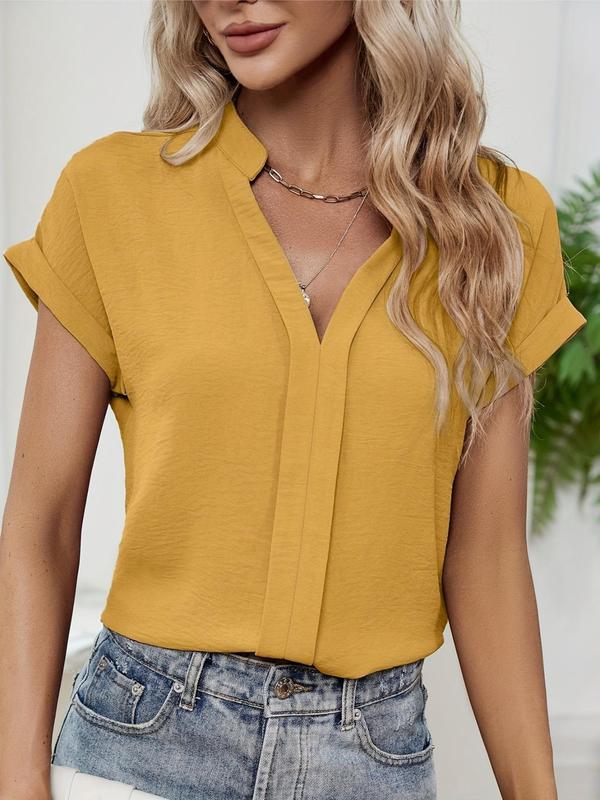 Women's Plain Notched Neck Batwing Sleeve Blouse, Casual Short Sleeve Top for Summer, Ladies Clothes for Daily Wear