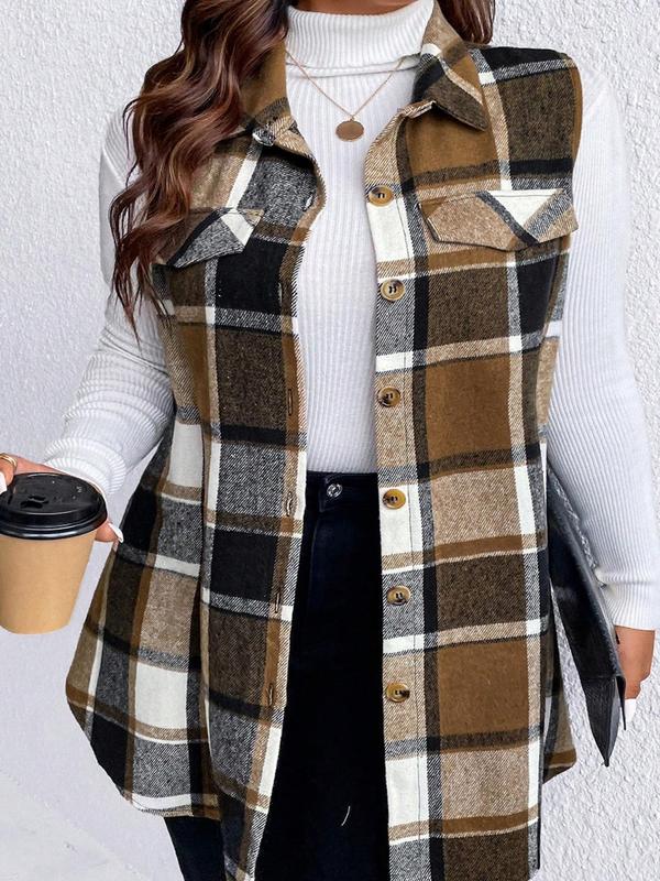 Plaid Print Button Front Flap Detail Collar Vest Coat, Casual Sleeveless Outerwear for Spring & Fall, Winter Clothes Women, Women's Plus Clothes for Daily Wear, Fall Outfits 2024