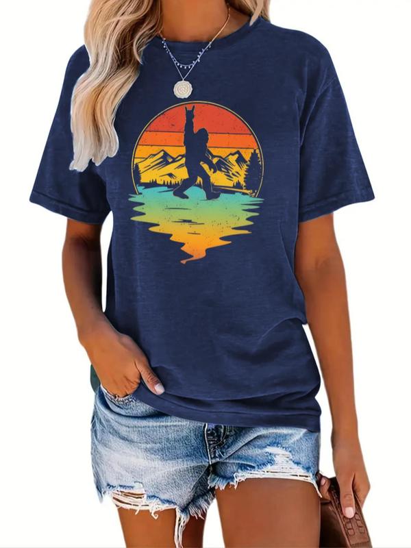 Women's Mountain & Animal Print Round Neck Graphic Tee, Vintage Trendy Casual Short Sleeve T-shirt for Daily Wear, Ladies Summer Outfit