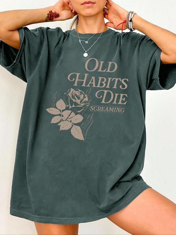 Women's Floral & Letter Print Round Neck Tee, Fashion Casual Drop Shoulder Short Sleeve T-Shirt for Daily Wear, Women's Summer Clothes