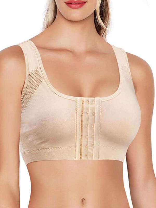 Women's Solid Hollow Out Wireless Padded Bra, Breathable Comfortable Hook & Eye Front Bra, Women's Lingerie for All Seasons
