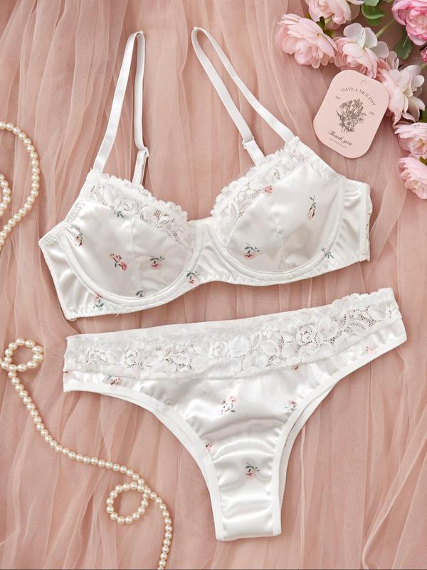 Women's 2pcs Floral Print Contrast Lace Bra & Panty Set, Elegant Casual Adjustable Strap Push Up Bra & Knicker for Daily Wear, Ladies Lingerie Set for All Seasons