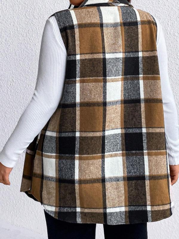  Plaid Print Button Front Flap Detail Collar Vest Coat, Casual Sleeveless Outerwear for Spring & Fall, Winter Clothes Women, Women's Plus Clothes for Daily Wear, Fall Outfits 2024