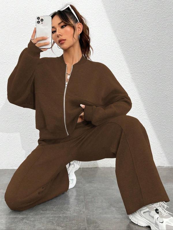 Women's Solid Drop Shoulder Zipper Jacket & Wide Leg Pants Two-piece Set, Matching Sets, Casual Fashion Cozy Mock Neck Outerwear & Pocket Trousers for Daily Outdoor Wear, Ladies Clothes for All Seasons