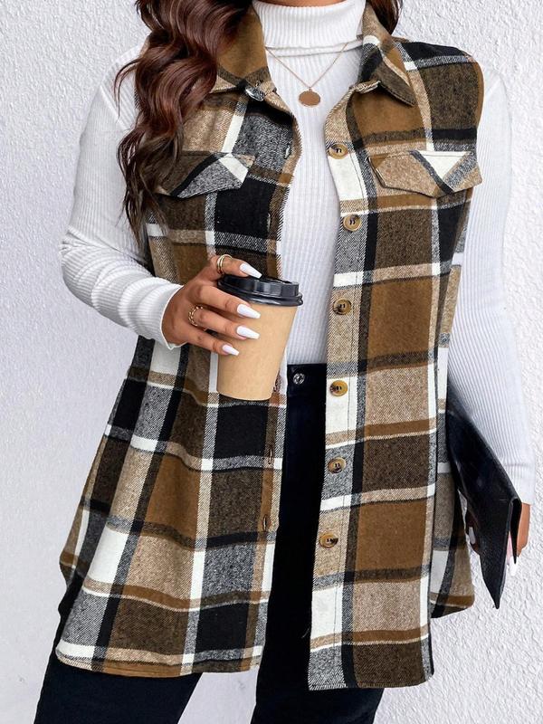  Plaid Print Button Front Flap Detail Collar Vest Coat, Casual Sleeveless Outerwear for Spring & Fall, Winter Clothes Women, Women's Plus Clothes for Daily Wear, Fall Outfits 2024